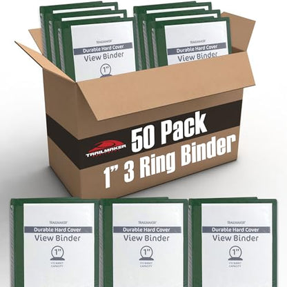 Trail Maker 1 inch Binders (50 Pack), 3 Ring Hardcover Binders in Bulk with Clear View Cover, Pockets for Classroom, Office, Portfolios | Bulk School, Teacher, Office Supplies (Green Only Pack) - color: Green Only Pack