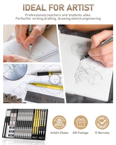 Nicpro 37PCS Gold Art Mechanical Pencil Set, 4PCS Metal Drafting Pencil 0.3/0.5/0.7/0.9 mm & 2PCS 2mm Lead Holder (6B 4B 2B HB 2H 4H) School Supplies for Sketching Drawing with 23 Tube Lead Refills - color: Gold, style: 0.3 0.5 0.7 0.9 2.0