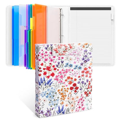 JoyCat 3 Ring Binder Clipboard with Storage,12.4"x10.2" Magnetic Clipboard Folder with 5 Dividers with Expandable Pockets,Refillable Lined Notepad (11" x 8.5"),Ideal for School Office Nursing (Flower) - color: Flower