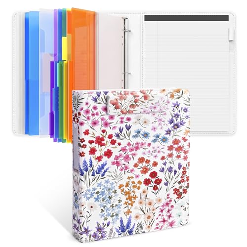 JoyCat 3 Ring Binder Clipboard with Storage,12.4"x10.2" Magnetic Clipboard Folder with 5 Dividers with Expandable Pockets,Refillable Lined Notepad (11" x 8.5"),Ideal for School Office Nursing (Flower) - color: Flower