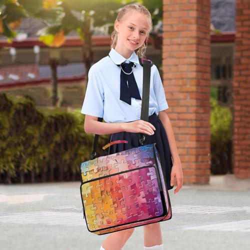 Kigai Jigsaw Puzzle Pattern 3 Ring Zipper Binder 1.5 inch D Ring Binder Organizer with Shoulder Strap Multi-Pocket Expanding File Folder Tote Bag for School Office