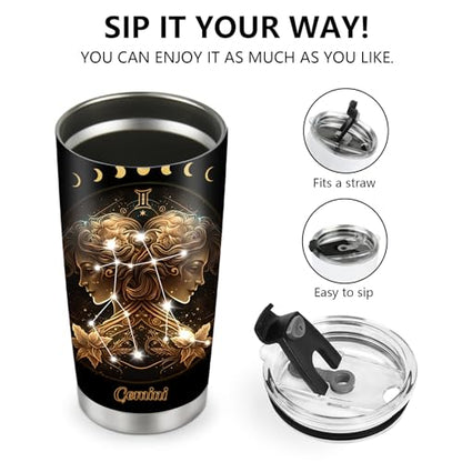 Horoscope Gemini Insulated Tumblers Travel Mug Cup Gifts for Birthday Boys Girls Men Women Son Daughter Travel Essentials Accessories Must Have Cold Iced 20oz - color: Gemini-653