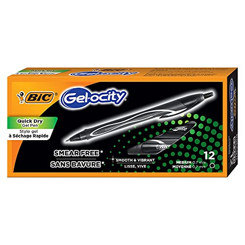 BIC Gel-Ocity Quick Dry Gel Pens, Medium Point Retractable (0.7mm), Black Ink Gel Pen, 12-Count- Pack of 18 - color: Black, size: 12 Count (Pack of 18)