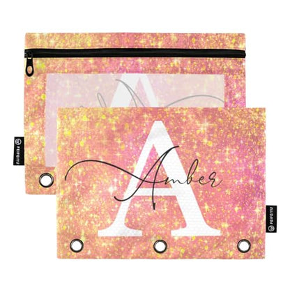 Personalized Pencil Pouch for 3 Ring Binder Bright Pink Shining Custom Pencil Pouches Case Binder Cosmetic Bag 2 Pack for Office School College Supplies - color: Bright Pink Shining