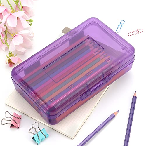 Tamaki 1 Pack Plastic Pencil Box Large Capacity, Purple | Clear Boxes with Snap-tight Lid Stackable Design and Stylish Office Supplies Storage Organizer - color: Purple