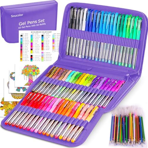 Soucolor 120 Gel Pens Set, Metallic Glitter Pastel, Refills,School Supplies | Violet Case 120-Piece Gel Pen Set Includes 60 Vibrant Colors, 60 Refills, Coloring Sheets for journaling & art Gift for Kids - color: Purple