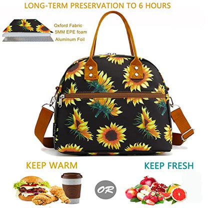 FlowFly Insulated Lunch Bag With Shoulder Strap for Women, Men, and Kids, Large and Reusable, Handle, Freezable Work and School Travel Tote and Meal Prep Organizer,Sunflower - color: Sunflower
