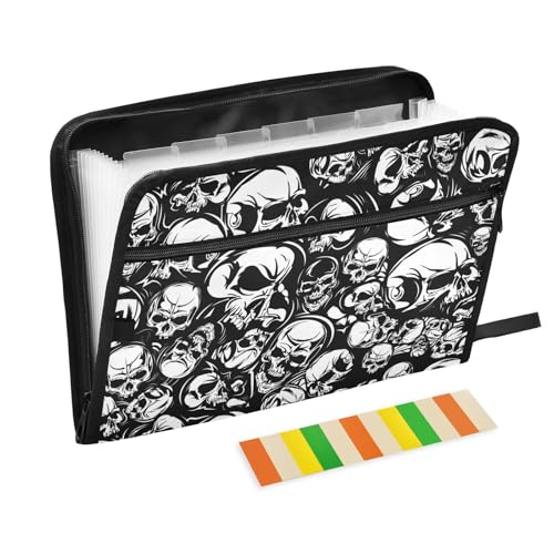 Skulls Hand-Drawn File Folders,Plastic Folders with 13 Pockets,Expandable File Folder for Documents School Students Office,Aesthetic Folder with Labels A4 Letter Size - color: Multicolor 25