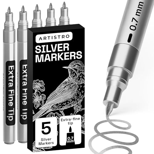 ARTISTRO 5 Silver Paint Pen for Rock, Glass, Ceramic, Wood, Tire, Fabric, Metal, Canvas, Marking, Painting - Set of 5 Acrylic Paint Markers Water-based - color: Silver, style: Extra Fine Tip