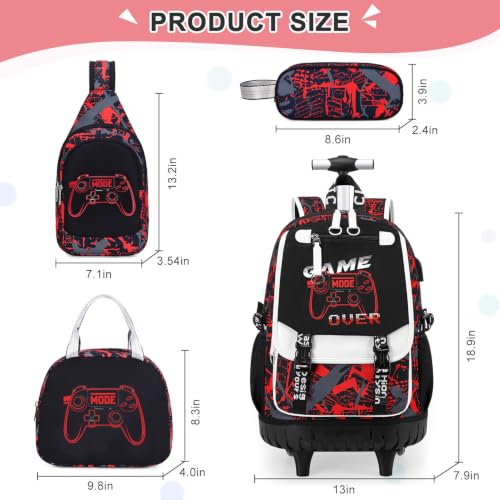 Bevalsa Rolling Backpack for Boys, Roller Backpack with Wheels, Wheeled School Bag with Sling Bag, Lunch Box & Pen Case for Kids Children Teens Elementary Middle Student Glow In The Dark - color: Red