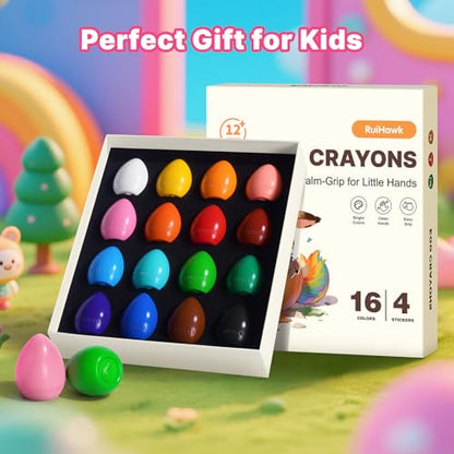 16 Colors Egg Crayons for Toddlers 1-3, Jumbo Crayons Washable Baby crayon with Anti-Roll Flat Bottom & Fruit Patterns, Non-Toxic Art Supplies Gift - color: 16 Colors