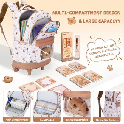 Capybara Theme Rolling Backpack with Lunch Bag & Pencil Case, Kids Rolling Backpack for Girls, Wheeled School Bookbag with Telescoping Handle for Kindergarten Elementary Middle High School - color: Beige