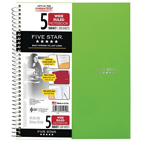 Five Star Spiral Notebooks, 2 Pack, 5-Subject, Wide Ruled Paper, 10-1/2" x 8", 200 Sheets, Gray, Lime (38434) - color: Gray, Lime