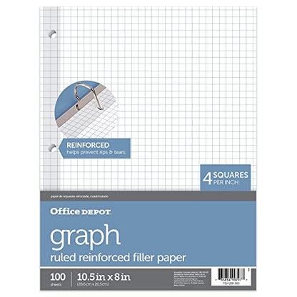 Office Depot® Brand Reinforced Filler Paper, 8" x 10-1/2", Quadrille Ruled, White, Pack Of 100 Sheets