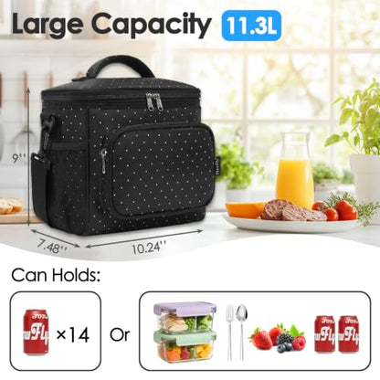FlowFly Insulated Reusable Lunch Bag Adult Large Lunch Box for Women and Men with Adjustable Shoulder Strap,Front Zipper Pocket and Dual Large Mesh Side Pockets,Dot - color: Dot