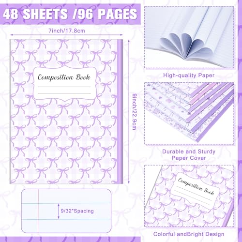 AmazingSpark 6 Pack Lefty Preppy Notebook Cute Bow Coquette Journal 7" x 9" College Wide Ruled 110 Pages Left Handed Aesthetic School Supplies Gifts for Teens Girls Women(Composition,Purple Bow) - color: Purple Bow, style: Composition