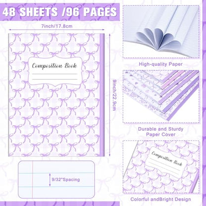 AmazingSpark 6 Pack Lefty Preppy Notebook Cute Bow Coquette Journal 7" x 9" College Wide Ruled 110 Pages Left Handed Aesthetic School Supplies Gifts for Teens Girls Women(Composition,Purple Bow) - color: Purple Bow, style: Composition