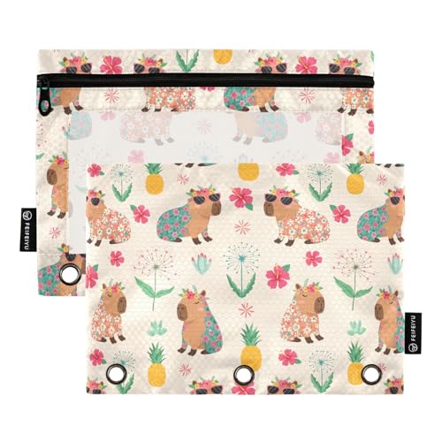Emelivor Capybara Beach Beige Pencil Pouch for 3 Ring Binder 2 Pcs Pockets Pencil Pouches Bag with Clear Pencil Case Cosmetic Bag for Storing College Office Supplies - color: 25-Capybara Beach