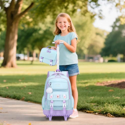 3-IN-1 Rolling Backpack for Girls with Lunch Bag Pencil case, Kawaii Backpack with Wheels for Girls, Roller School Bag with Wheels for Teen Elementary School Bookbags with Cute Pins Aquamarine-Purple - color: Aquamarine-purple
