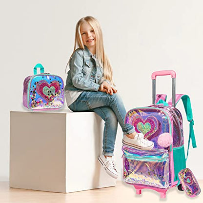 kids Rolling Kid Travel Toddler Duffle Bag Hearts Detachable Backpack for Girls Carry Luggage Roller Computer Suitcase with Pencil Case Lunch Box Wheels Wheeled Clear Backpacks Girls Pink - color: Pink-aixin