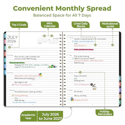 Vinspire 2026 Planner - Yearly, Monthly, and Weekly Planner 2026-2027 for Teachers & Students - Spiral US Academic Year Student Calendar Planners with Notes Pages 2026 Planner Weekly and Monthly - Small (Black, 6.3“×8.4”) - size: 6.3“×8.4”