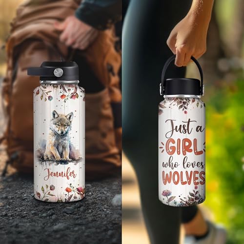 Hyturtle Personalized Wolf Water Bottle - Travel Insulated Stainless Steel Bottle with Leak-Proof Lid 18oz 32oz - Animal Lover Gift with Floral Wolf Design for Women Girls Wolves Lovers, Birthday Gift - color: Wolf