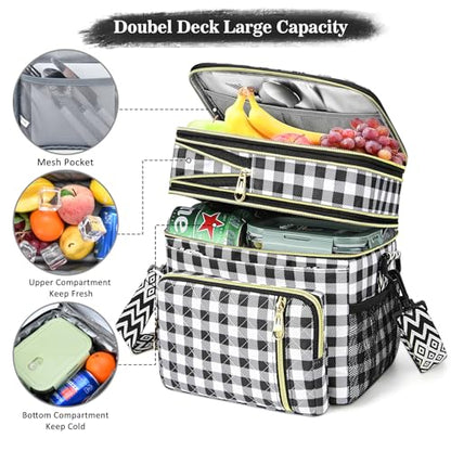 LOKASS Lunch Box for Women-16L-Insulated Lunch Bag Women, Expandable Double-layer Leakproof Cooler Bag with Upgrade Adjustable Shoulder Strap Ideal for Work/Travel/Picnics（Black&White Check） - color: Black&White Check
