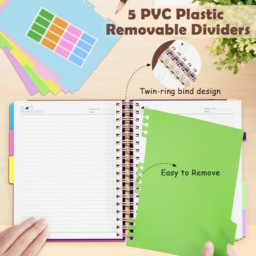 QIYVLOS Hardcover Spiral Notebook, B5 Journal with Removable Dividers Tabs, 5 Subject Notebook College Ruled, 320 Pages 8"x10" Leather Notebooks for Work School Study, Lined Journal for Women, Purple - color: B5/Purple