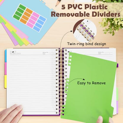 QIYVLOS Hardcover Spiral Notebook, B5 Journal with Removable Dividers Tabs, 5 Subject Notebook College Ruled, 320 Pages 8"x10" Leather Notebooks for Work School Study, Lined Journal for Women, Purple - color: B5/Purple