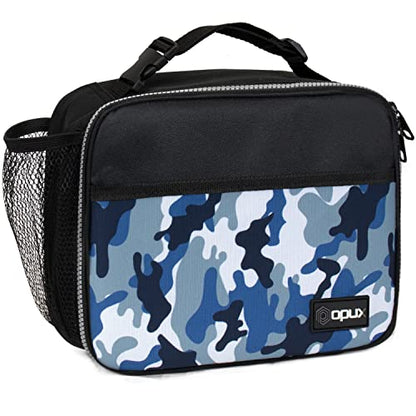 opux Insulated Lunch Bag for Kids, Reusable Lunch Box for School with Leakproof Lining, Compact Soft Cooler Tote for Boys & Girls, Front Pocket, Mesh Side Bottle Holder (Camo Blue) - color: Camo Blue