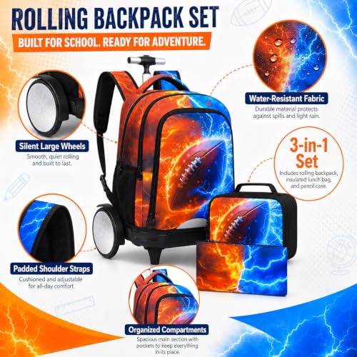 gxtvo Large Wheels & Quiet Glide | Rolling Backpack for Kids - Water-Resistant Wheeled Bag with Lunch Box for School, Travel & Outings - Fire & Lightning Rugby - color: Rolling Backpack Fire Lightning Rugby