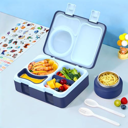 Bento Box for Kids, Leakproof Kids Bento Lunch Box Container with 8oz Insulated Thermo Food Jar, Sauce Jar, Utensil, DIY Stickers for School Boys Girls, 3-4 Compartments, BPA-Free - color: Navy Blue