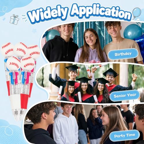 24 Pack Baseball Party Favors, 4-in-1 Multicolor Ballpoint Pens, Mini Retractable Baseball Pens, Goodie Bag Stuffers, Classroom Prizes, Birthday Gifts - style: Baseball
