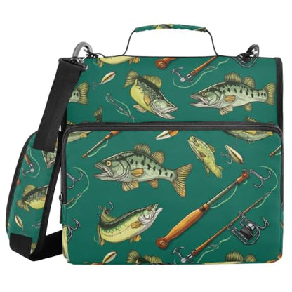 3 Ring Zipper Binder Bass Fish Fishing Poles 500 Sheets Capacity Binder Organizer Bag with Shoulder Strap and Handle for School Office College Students - color: Bass Fish