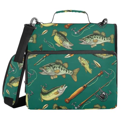 3 Ring Zipper Binder Bass Fish Fishing Poles 500 Sheets Capacity Binder Organizer Bag with Shoulder Strap and Handle for School Office College Students - color: Bass Fish