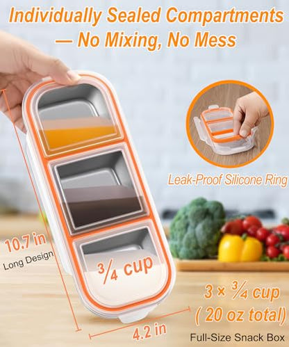 KTKUDY 5 Pack Stainless Steel Snack Containers for Kids & Adults - Large - Leak-Proof 3-Compartment Stackable Snack Lunch Boxes for School, Work & Travel - size: 5 Pack-3 Sections