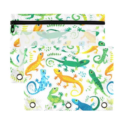 Kcldeci Pencil Pouch for 3 Ring Binder,Cute and Funny Green Lizard 2 Pack Binder Pencil Pouch Pencil Bags with Zipper & Reinforced Grommets, Pencil Case for Binder - color: Multicolored-b01