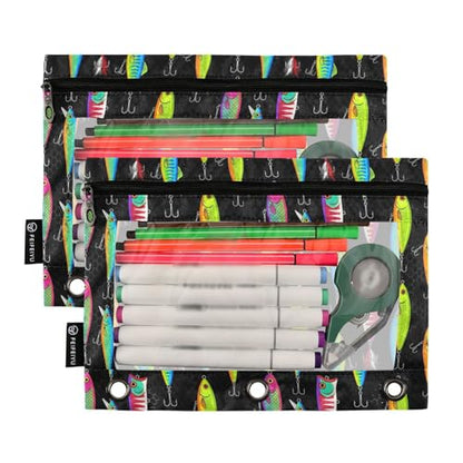 Fishing Lures Pencil Pouches for 3 Ring Binder, Zipper Binder Pencil Case, 2 Pack Clear Window Case Bag for Office Organizers - color: Fishing Lures