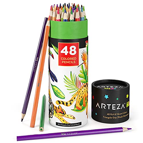 ARTEZA 48 Colored Pencils for Kids, Vibrant Colors, Triangular, Pre-Sharpened Kids Coloring Pencils for Drawing - size: 1 Count (Pack of 48), style: Classic