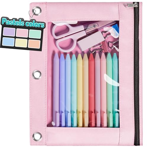 Forvencer Pencil Pouch for 3 Ring Binder, Pastels Pencil Case with Smooth Zipper, Cute Soft Pen Bag with Clear Window & 3 Reinforced Grommets, Big Capacity Binder Bag, School Office Supplies, Pink - color: Pink