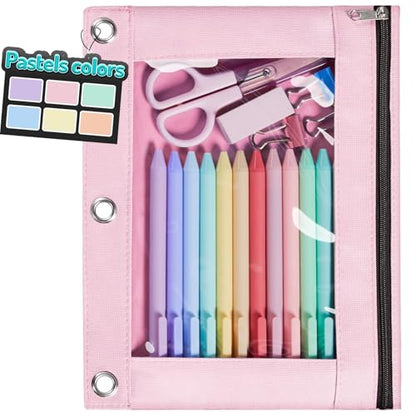 Forvencer Pencil Pouch for 3 Ring Binder, Pastels Pencil Case with Smooth Zipper, Cute Soft Pen Bag with Clear Window & 3 Reinforced Grommets, Big Capacity Binder Bag, School Office Supplies, Pink - color: Pink