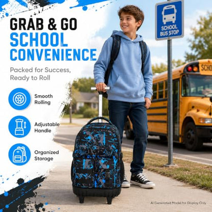 CCJPX Rolling Backpack for Boys, 3Pcs Roller Wheeled School Bookbag, Graffiti Wheels Backpacks with Lunch Box for Kids (Blue) - color: Graffiti Blue