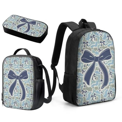 Blue Bow Camo School Backpack Set 3Pcs with Lunch Box 17 Inch | 17 Inch Kids Backpack, Thermal Lunch Bag, Pencil Case, Lightweight, Cute Pattern, Perfect for Elementary Middle School - color: Blue Bow Camo