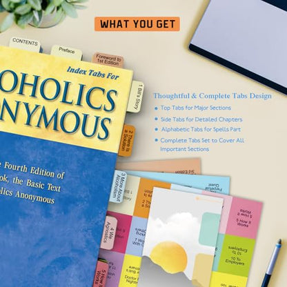 Upgraded Index tabs for Alcoholics Anonymous: The Big Book 4th Edition,90 Book Tabs, Color-Coded with Alignment Card & Page Numbers Sheet & Bookmark, Laminated Durable, Book Not Included