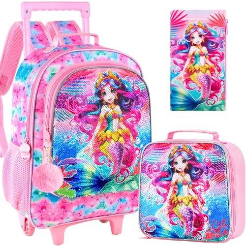 WZLVO 4PCS Rolling Backpack for Girls, Kids Mermaid Roller Backpacks with Wheels for Kids, Wheeled Bookbag Set for Toddler Elementary School - color: Mermaid Pink