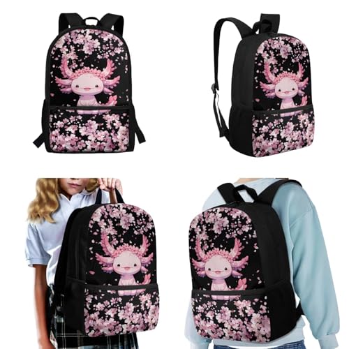 CLOHOMIN 3 in 1 Backpack with Lunch Box for Kids Cute Axolotl Bookbag for School Girls Lunch Bag and Water Bottle Bag Cherry Blossom Schoolbag for Elementary Middle School, 17 Inch - color: Axolotl Cherry Blossom