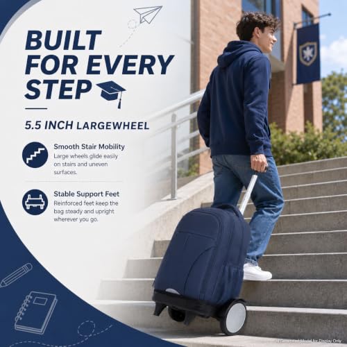 AGSDON Quiet Glide Rolling Backpack with Lunch Box Set - Large Wheel Water-Resistant Wheeled Bag for Business, Travel, and College | Navy Blue 3-in-1 Organizer Backpack - color: Reflective Blue - Rolling Backpack