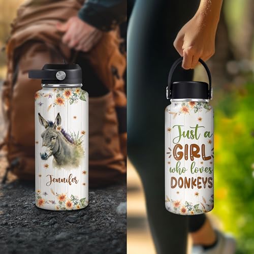 Hyturtle Personalized Donkey Water Bottle - Custom Name Insulated Stainless Steel Bottle with Leak-Proof Lid 18oz 32oz - Animal Lover Gift for Women Girls Donkey Lovers - Birthday & Christmas Gift - color: Donkey