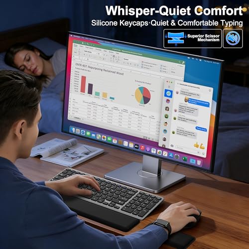 Ultra Slim Quiet Silent Wireless Keyboard and Mouse Combo with Magnetic Wrist Rest, Rechargeable Quiet Full-Size Keyboard and Mouse Combo Set Ultra Slim Design for Computer, Mac, Laptop, PC