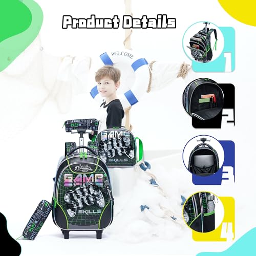 Meetbelify Rolling Backpack with Wheels for Boys Rolling Backpacks with Lunch Box for Elementary School Students Kids 3 in 1 Travel Luggage Carry on Suitcase for Boys Age 8-10 - color: 02 Green Game
